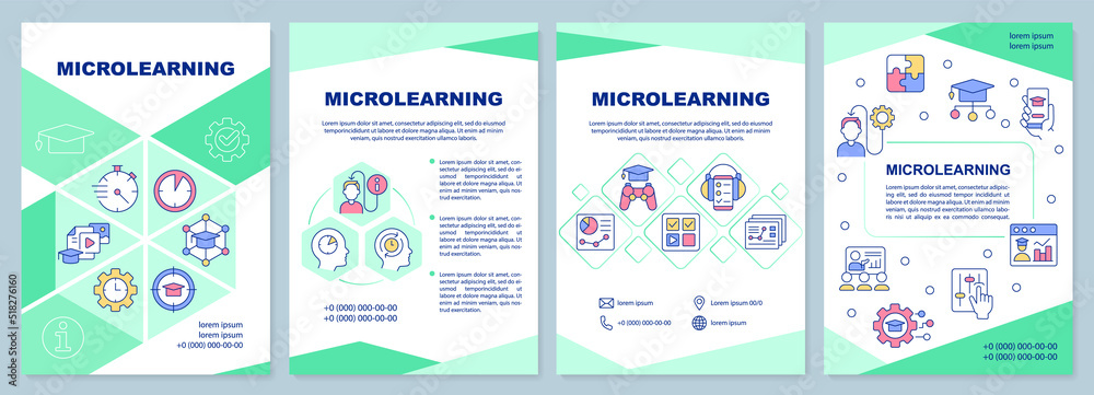 Microlearning approach green brochure template. E learning. Leaflet design with linear icons. Editable 4 vector layouts for presentation, annual reports. Arial-Black, Myriad Pro-Regular fonts used