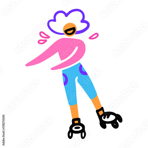 The girl is rollerblading. Roller Skates. Vector cartoon flat illustration in doodle style. Teenager, youth, sport, active lifestyle, woman. Modern culture. Front view.