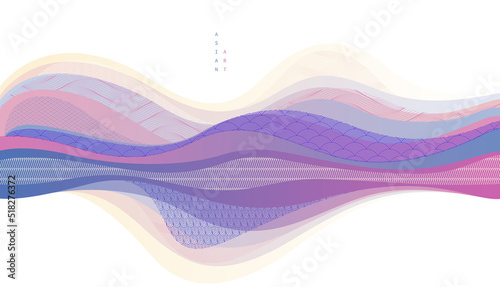 Oriental Japanese style vector abstract illustration, background in Asian traditional style, wavy shapes and mountains terrain, runny like sea lines.