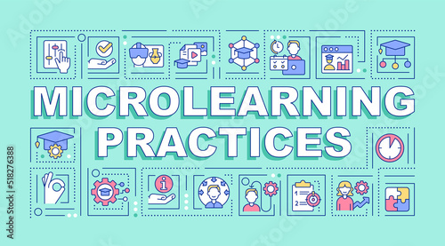 Microlearning practices word concepts mint banner. Advance skills. Infographics with editable icons on color background. Isolated typography. Vector illustration with text. Arial-Black font used
