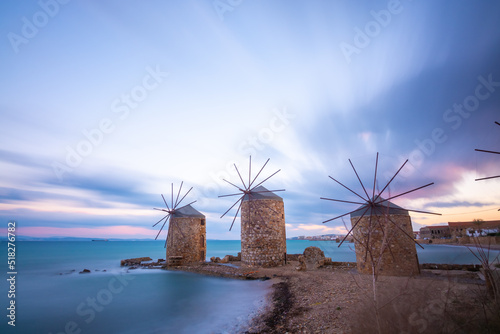 Chios island wind mills on sunset