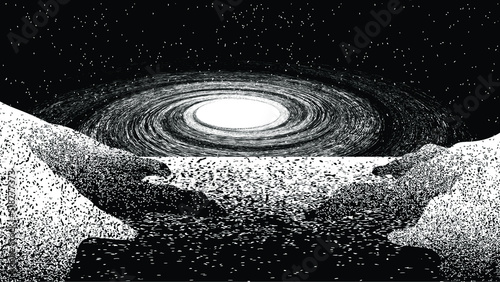 Spiral galaxy in space. Futuristic landscape, with noise texture . Night landscape .Vector illustration