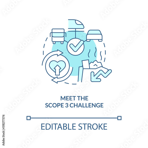 Meet scope three challenge turquoise concept icon. Transforming business to net zero abstract idea thin line illustration. Isolated outline drawing. Editable stroke. Arial, Myriad Pro-Bold fonts used