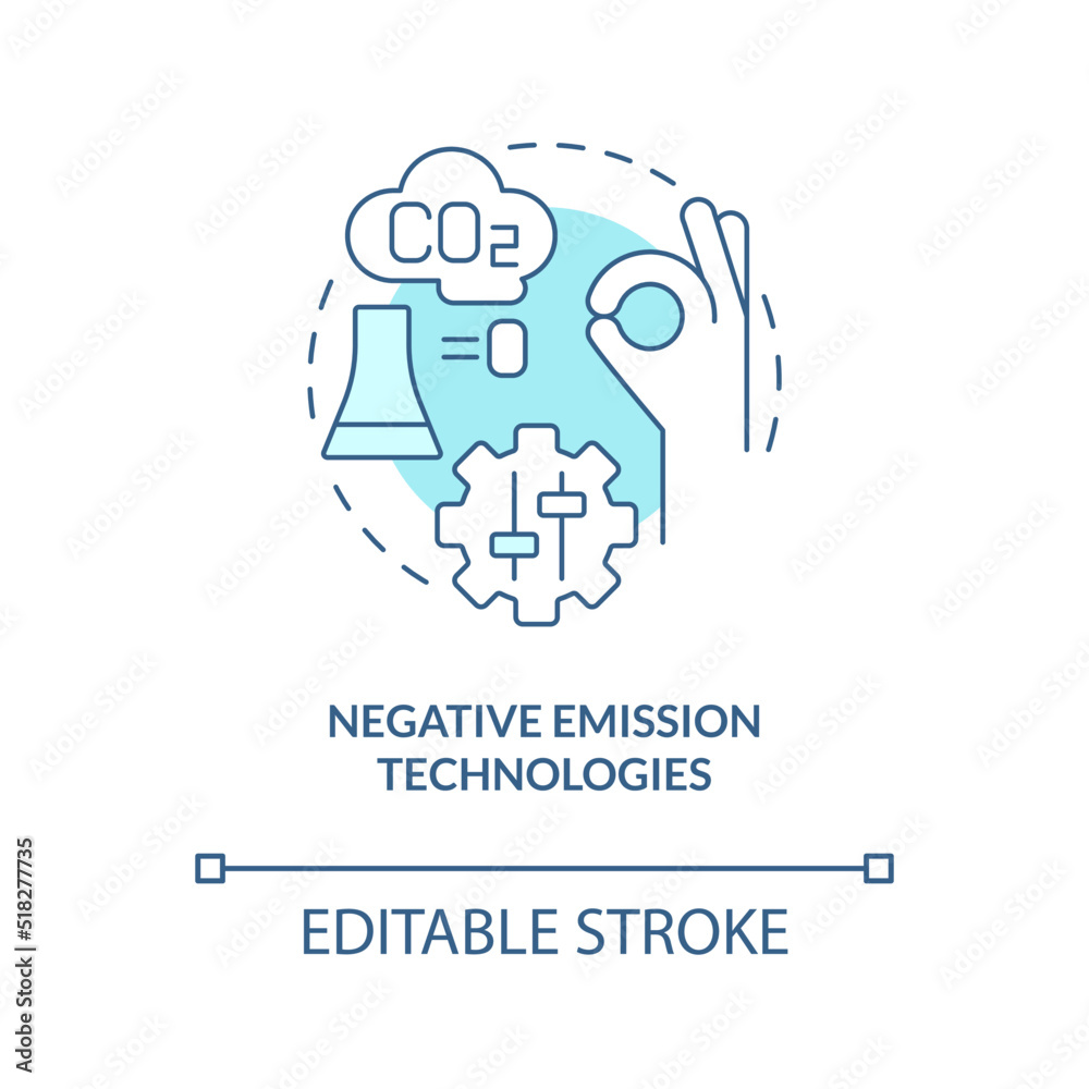 Negative emission technologies turquoise concept icon. Global net zero goal abstract idea thin line illustration. Isolated outline drawing. Editable stroke. Arial, Myriad Pro-Bold fonts used Negative emission technologies turquoise concept icon. Global net zero goal abstract idea thin line illustration. Isolated outline drawing. Editable stroke. Arial, Myriad Pro-Bold fonts used