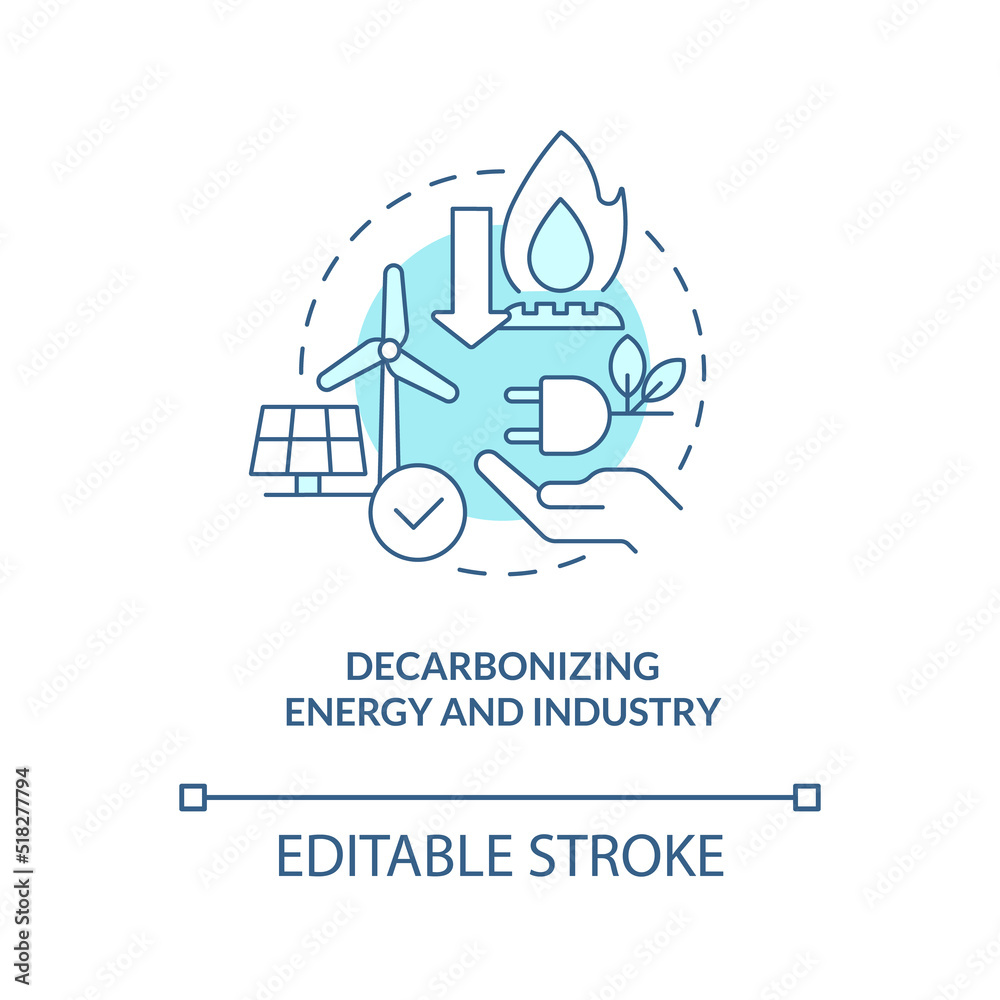 Decarbonizing energy and industry turquoise concept icon. Global net zero goal abstract idea thin line illustration. Isolated outline drawing. Editable stroke. Arial, Myriad Pro-Bold fonts used