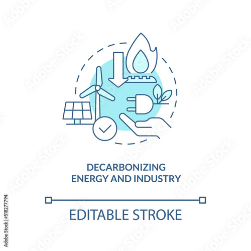Decarbonizing energy and industry turquoise concept icon. Global net zero goal abstract idea thin line illustration. Isolated outline drawing. Editable stroke. Arial, Myriad Pro-Bold fonts used