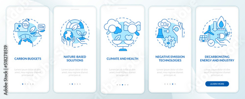 Global net zero goals blue onboarding mobile app screen. Carbon walkthrough 5 steps editable graphic instructions with linear concepts. UI, UX, GUI template. Myriad Pro-Bold, Regular fonts used