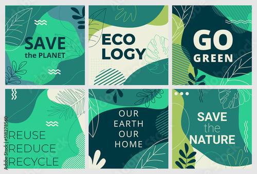 Set of Earth Day posters with green backgrounds, liquid shapes, leaves and elements. Layouts for prints, flyers, covers, banners design. Eco concepts.