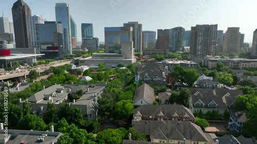 Residential district in Dallas Texas. Aerial orbit of downtown urban city center. photo
