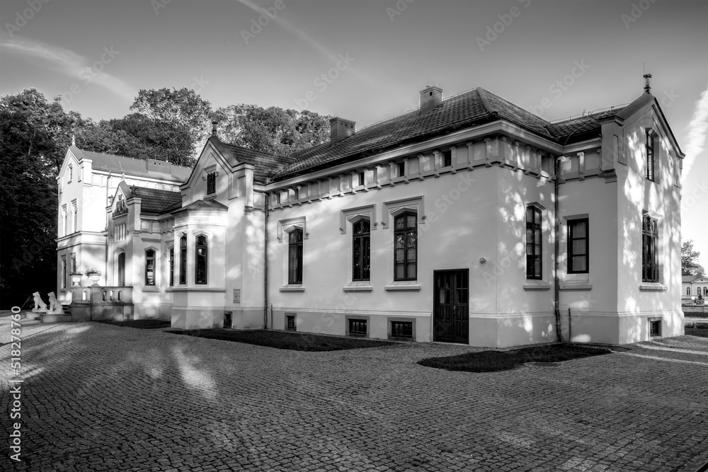 Palace with a palace park. Neo-gothic, eclectic architecture. View of the palace at sunset. Black and white photography.