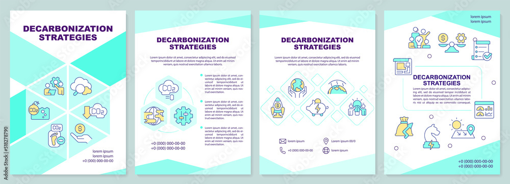 Decarbonization strategies mint brochure template. Net zero. Leaflet design with linear icons. Editable 4 vector layouts for presentation, annual reports. Arial-Black, Myriad Pro-Regular fonts used