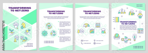 Transforming to net zero green brochure template. Technology. Leaflet design with linear icons. Editable 4 vector layouts for presentation, annual reports. Arial-Black, Myriad Pro-Regular fonts used