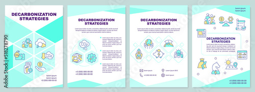 Decarbonization strategies mint brochure template. Net zero. Leaflet design with linear icons. Editable 4 vector layouts for presentation, annual reports. Arial-Black, Myriad Pro-Regular fonts used