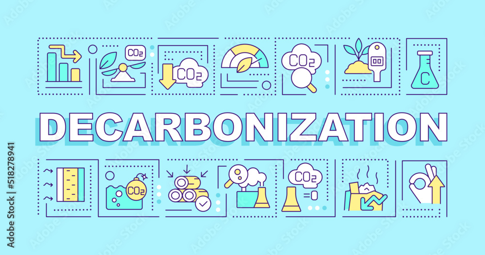 Decarbonization word concepts blue banner. Protect ecology. Infographics with editable icons on color background. Isolated typography. Vector illustration with text. Arial-Black font used Decarbonization word concepts blue banner. Protect ecology. Infographics with editable icons on color background. Isolated typography. Vector illustration with text. Arial-Black font used