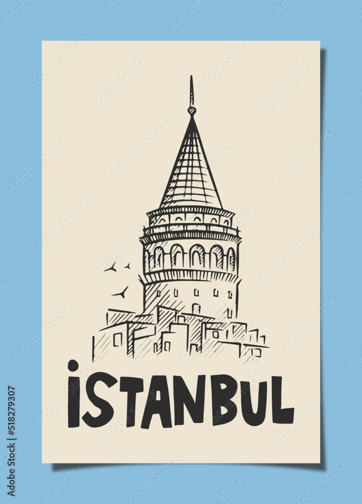 Istanbul Galata Tower Old Paper Linear Illustration Design