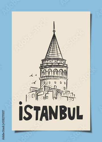 Istanbul Galata Tower Old Paper Linear Illustration Design