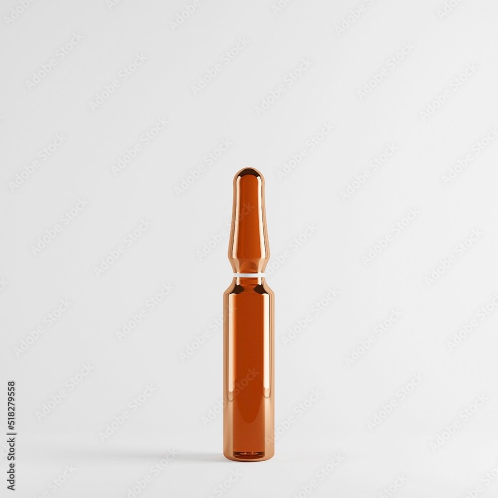 Glass amber cosmetic ampoule with collagen mockup on a light background. Glass amber cosmetic ampoule with collagen mockup on a light background.