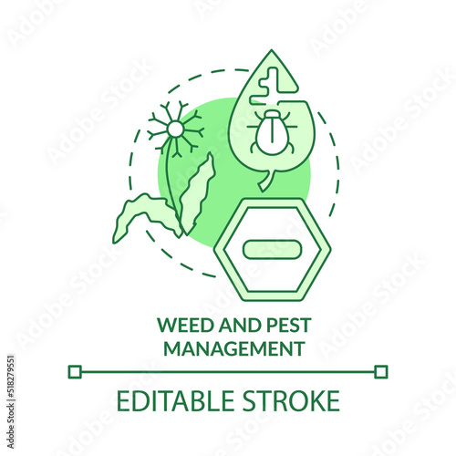 Weed and pest management green concept icon. Prevent issues. Increased crop yield abstract idea thin line illustration. Isolated outline drawing. Editable stroke. Arial, Myriad Pro-Bold fonts used