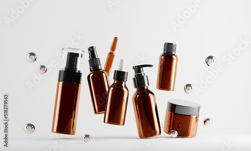 Different Cosmetic Amber Glass Bottles. Foam, Dispenser, Dropper, Cream jar, Ampoule mockup on a light background.