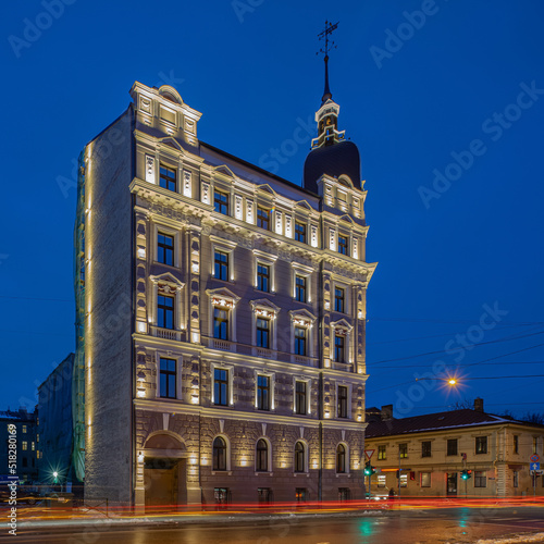 Night cityscape of Riga. Lights on long exposure. Illuminated building