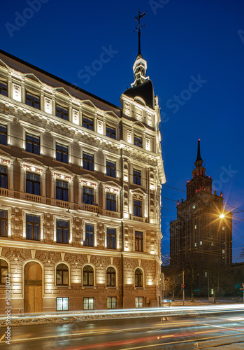 Night cityscape of Riga. Lights on long exposure. Illuminated building