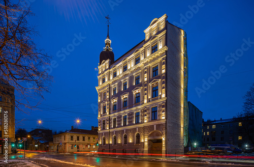 Night cityscape of Riga. Lights on long exposure. Illuminated building