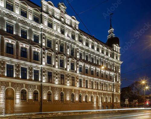 Night cityscape of Riga. Lights on long exposure. Illuminated building