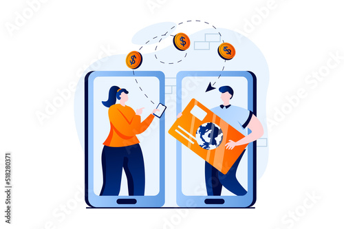 E-payment process concept with people scene in flat cartoon design. Woman transfers money to man credit card using online banking in mobile application. Vector illustration visual story for web
