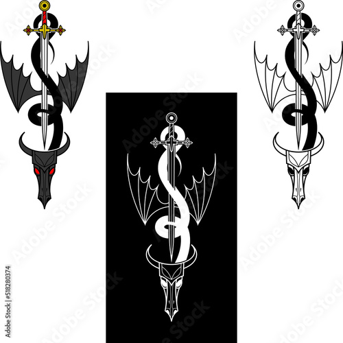Dragon pierced by a sword - vintage decorative symbol, emblem, tattoo. Colored, black and white.