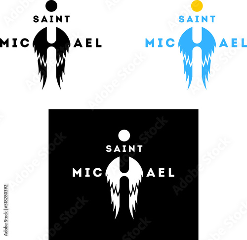 Symbolic image of the Saint Michael the Archangel. Angel wings, halo, text. Sign, symbol or logotype.