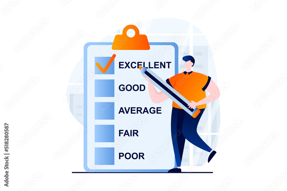 Feedback page concept with people scene in flat cartoon design. Man fills  out questionnaire form and gives excellent mark. Customer satisfaction  ranking. Vector illustration visual story for web Stock Vector | Adobe