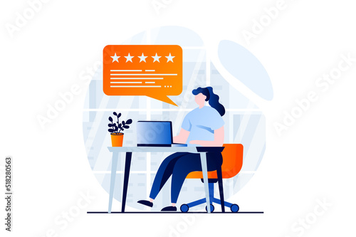 Feedback page concept with people scene in flat cartoon design. Woman writing good comments with her experience and star rating. Customer satisfaction ranking. Vector illustration visual story for web