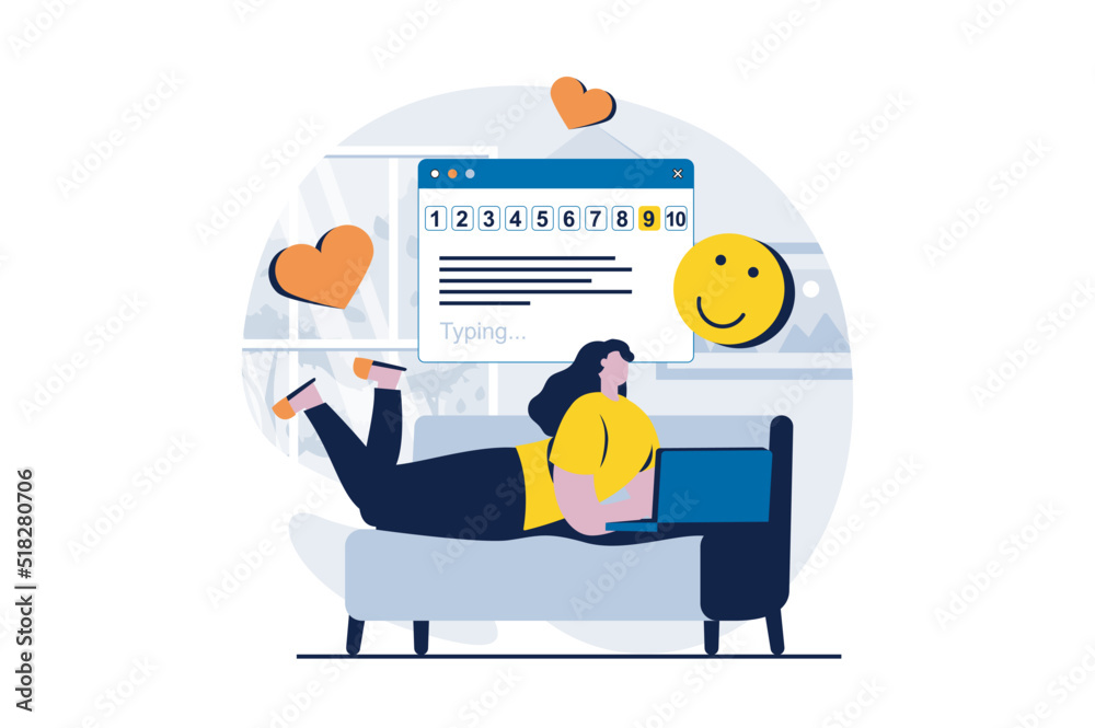 Feedback page concept with people scene in flat cartoon design. Woman gives  high rating and leaves hearts and emoticons in online form. Customer  satisfaction. Vector illustration visual story for web Stock Vector |