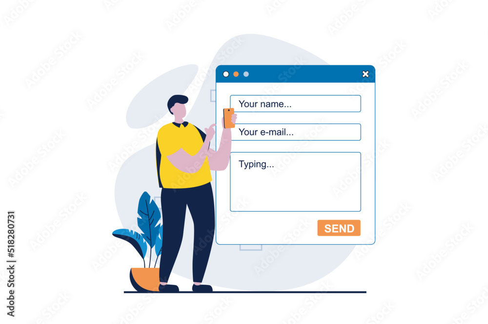 Feedback page concept with people scene in flat cartoon design. Man fills out online contact form and write his comment with experience. Customer satisfaction. Vector illustration visual story for web
