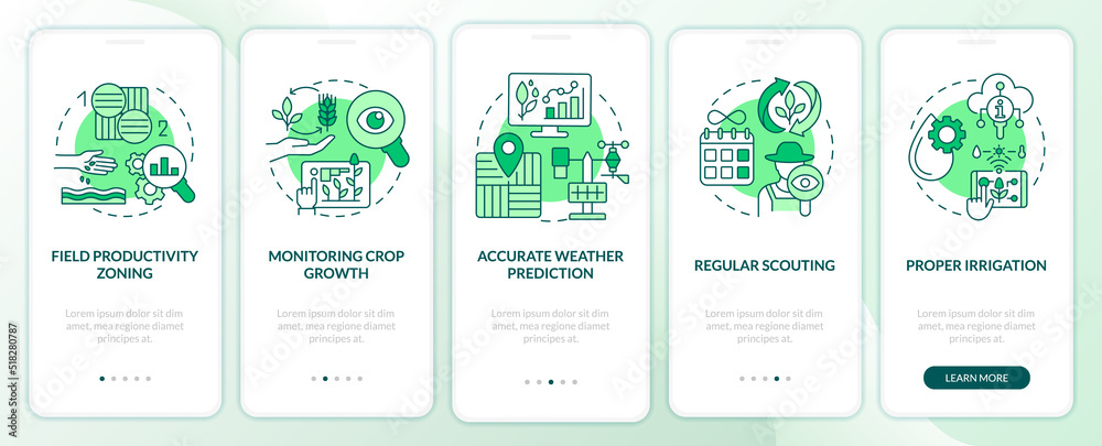 Increased crop yield factors green onboarding mobile app screen. Walkthrough 5 steps editable graphic instructions with linear concepts. UI, UX, GUI template. Myriad Pro-Bold, Regular fonts used