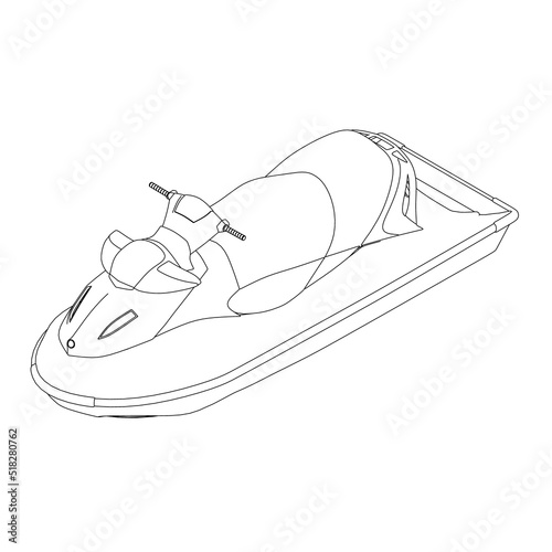 Outline of a water scooter from black lines isolated on a white background. Isometric view. Vector illustration.
