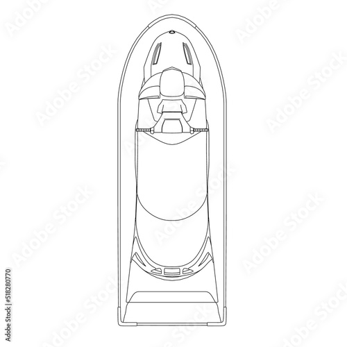 Outline of a water scooter from black lines isolated on a white background. View from above. Vector illustration.
