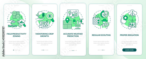 Increased crop yield factors green onboarding mobile app screen. Walkthrough 5 steps editable graphic instructions with linear concepts. UI, UX, GUI template. Myriad Pro-Bold, Regular fonts used