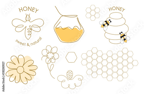 One line honey bee logo set. Single continuous line drawing icons flowers, honey bee, bee jar, beehive honeycomb in one continuous line. Minimalist linear sketch isolated element. Vector illustration.