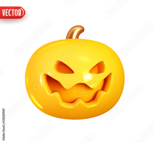Scary face pumpkin for Halloween. Festive decoration. Holiday decor. Realistic 3d design element In plastic cartoon style. Icon isolated on white background. Vector illustration