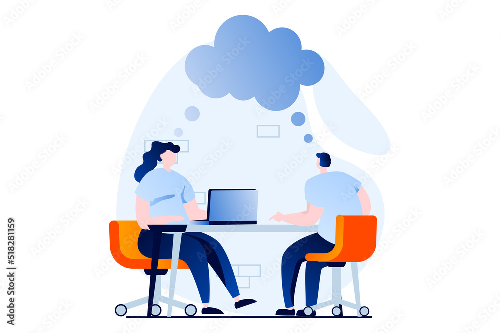 Finding solution concept with people scene in flat cartoon design. Man and woman discussing and talking, collaborating and analyzing statistics in office. Vector illustration visual story for web