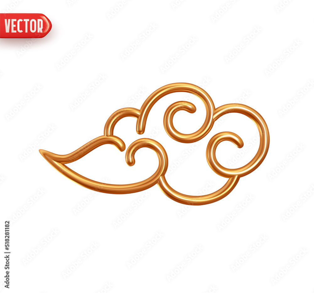 Golden cloud. Traditional vintage chinese asian ornament made of metal. Realistic 3d design element. Icon isolated on white background. Vector illustration