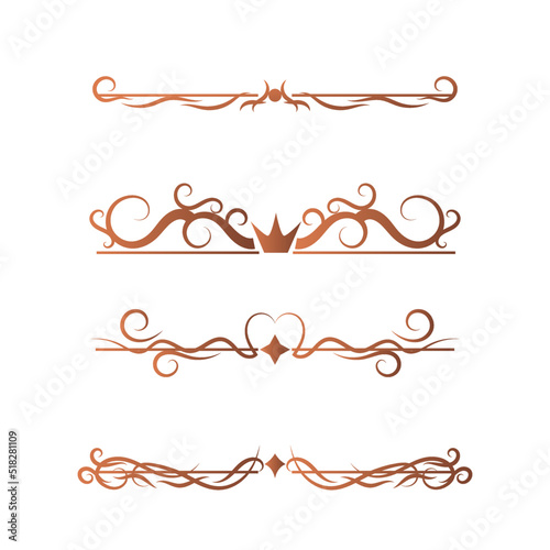 swirl lines calligraphy ornament with copper color set isolated on white background for luxury graphic design. dividers collection for card and paper decoration or website banner advertisement