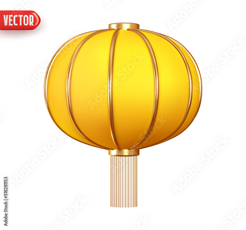 Chinese Asian lanterns. Festive Round Street Lamp Yellow color. Realistic 3d design element. Icon isolated on white background. Vector illustration