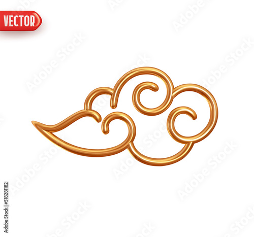 Golden cloud. Traditional vintage chinese asian ornament made of metal. Realistic 3d design element. Icon isolated on white background. Vector illustration
