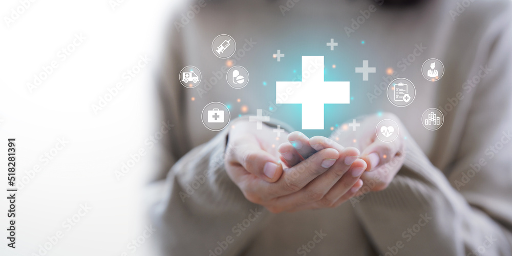 Woman hand holding plus icon for the healthcare medical icon. Health insurance health concept. access to welfare health and copy space,