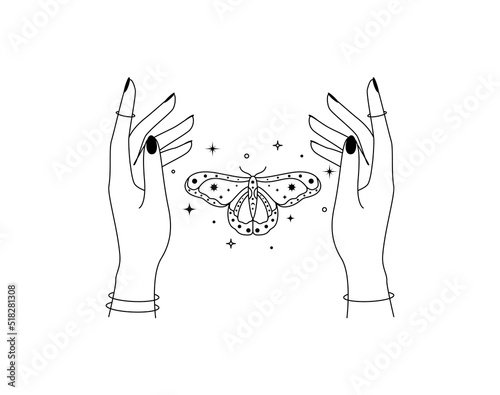 Magic hands with night moth in line art style. Esoteric and mystical butterfly wings for branding or logo cosmetics and beauty products simple outlines. Elegance Vector illustration