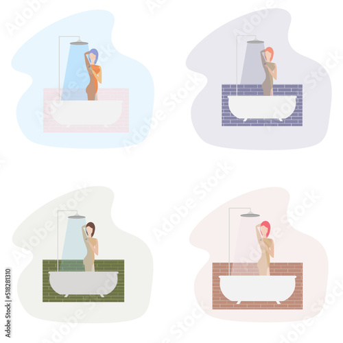 woman shaving with razor in bathroom flat character set of four different colours