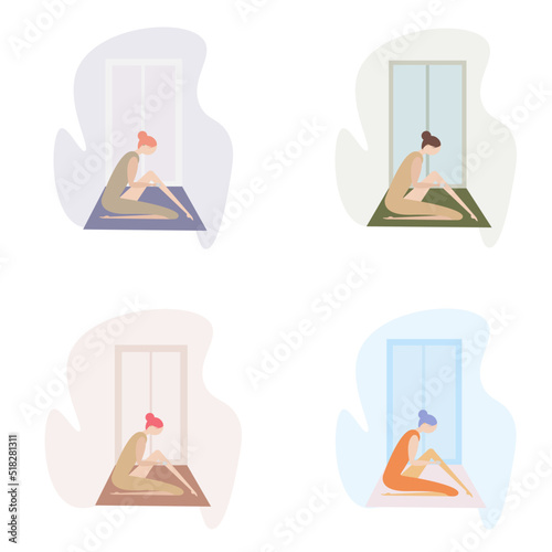 woman shaving legs with epilator in front of window flat character set of four different colours