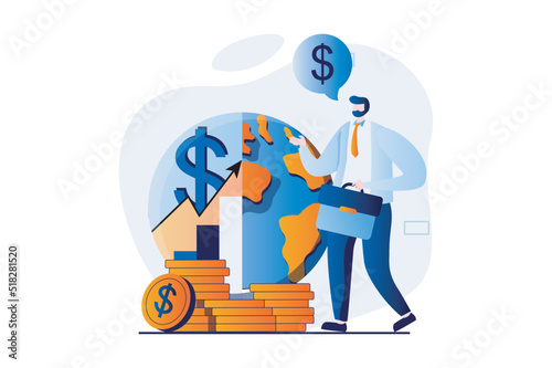 Global economic concept with people scene in flat cartoon design. Businessman analyzes financial statistics and studies world economy for success investments. Vector illustration visual story for web
